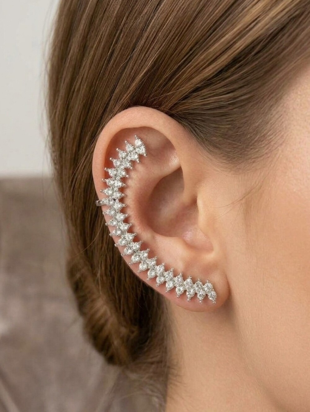 Silver Crystal Ear Crawler Earring With A Single Stud- Elegant Women's Jewelry